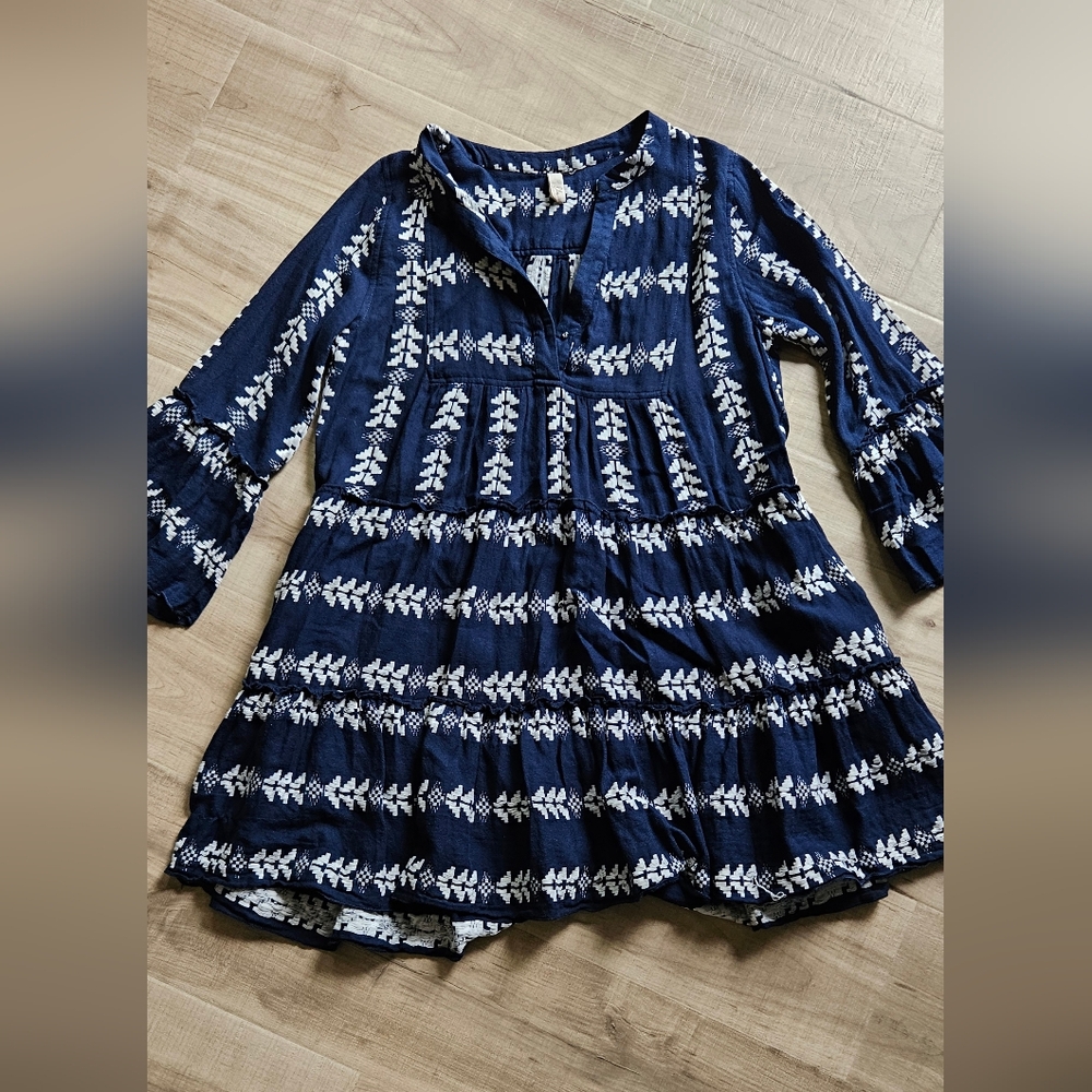 Elan Navy Blue Dress 3/4 Sleeve with White Embroidery NWOT